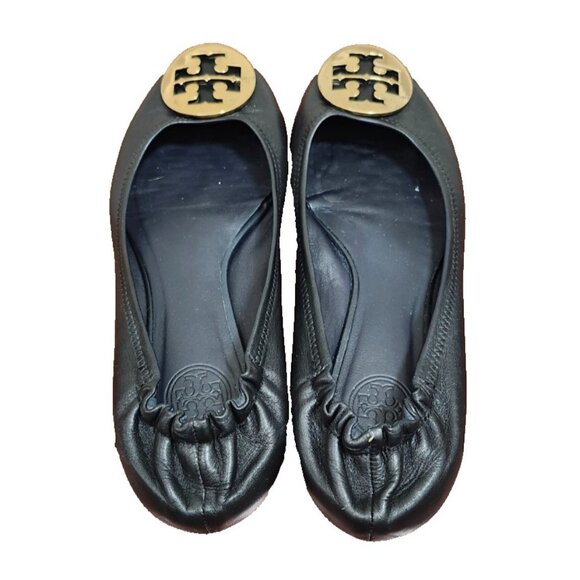 Tory Burch Minnie Travel Ballet Flats Black Leather Gold Logo Women’s Size 8 - Picture 5 of 12